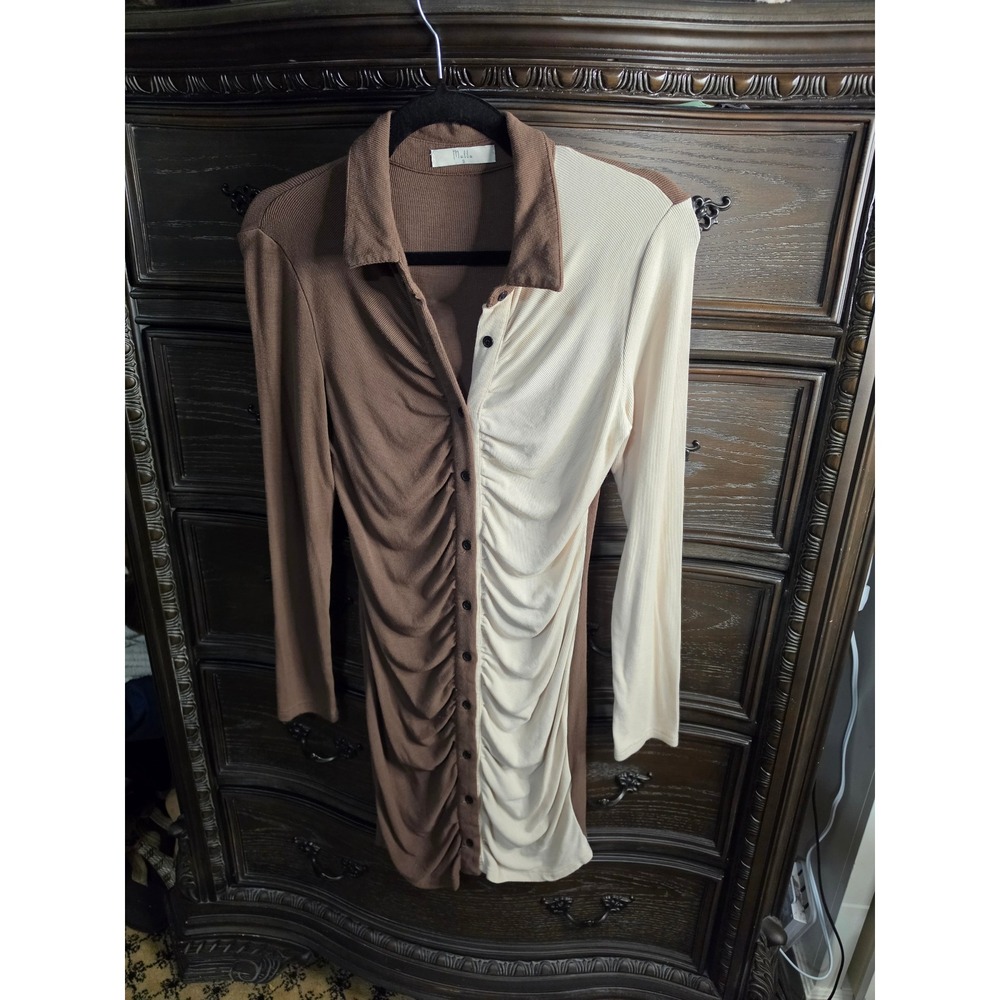 Mulla Brown Cream Colorblock Ruched Ribbed Mini Shirt Dress DM-3013 Womens Small